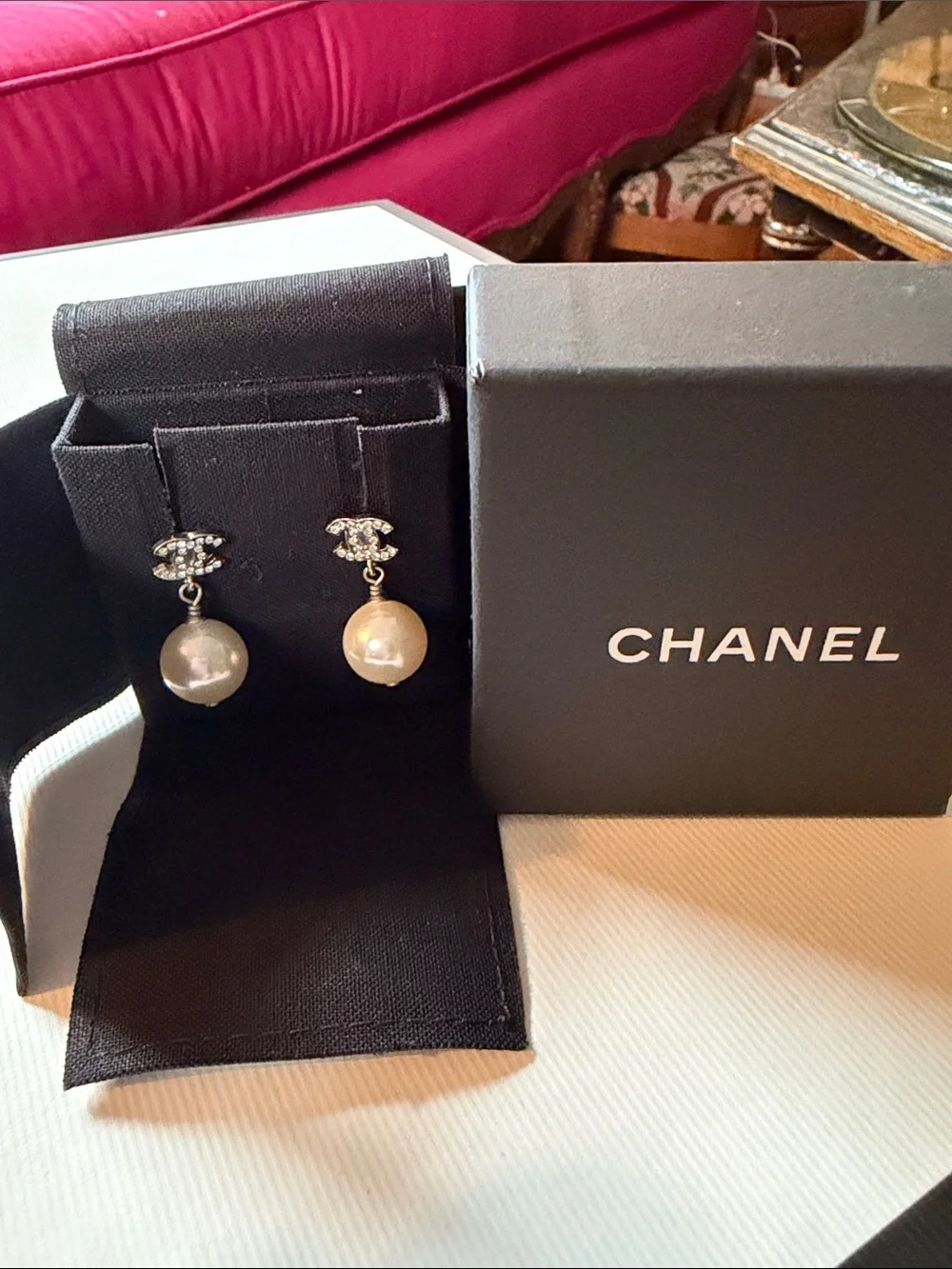 CHANEL Authentic CHANEL Crystal CC Pearl Dangle Drop Earrings Silver with Box
